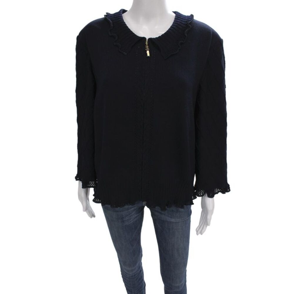 St John Collection Women Dark Blue Collared Full Zip Cardigan 3/4 Sleeve Size 16